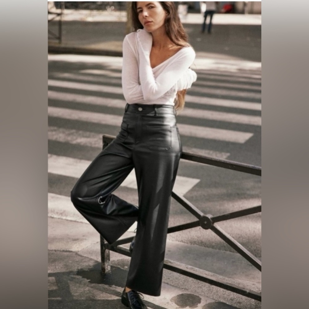 Zara Black Vegan Leather Wide Leg Pants High Rise Faux Leather | Size 8